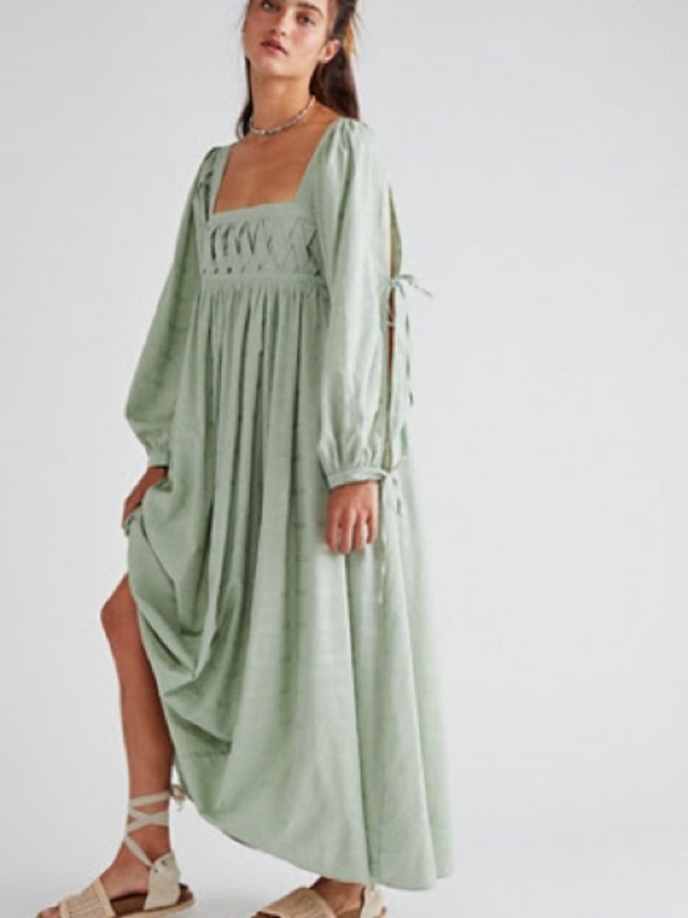 Free People Dreamweaver Sage Green Square-Neck Maxi Dress